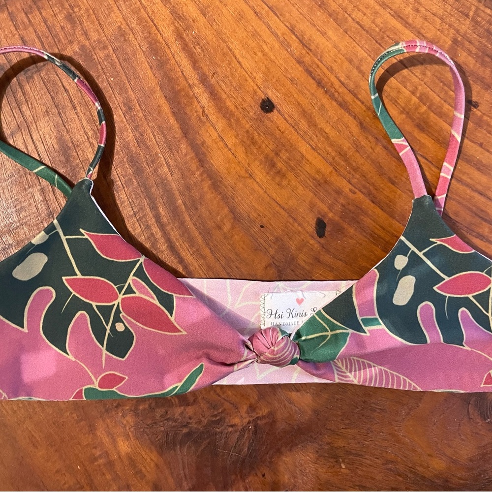 Floral Bikini Top with Pink and Green Leaves
